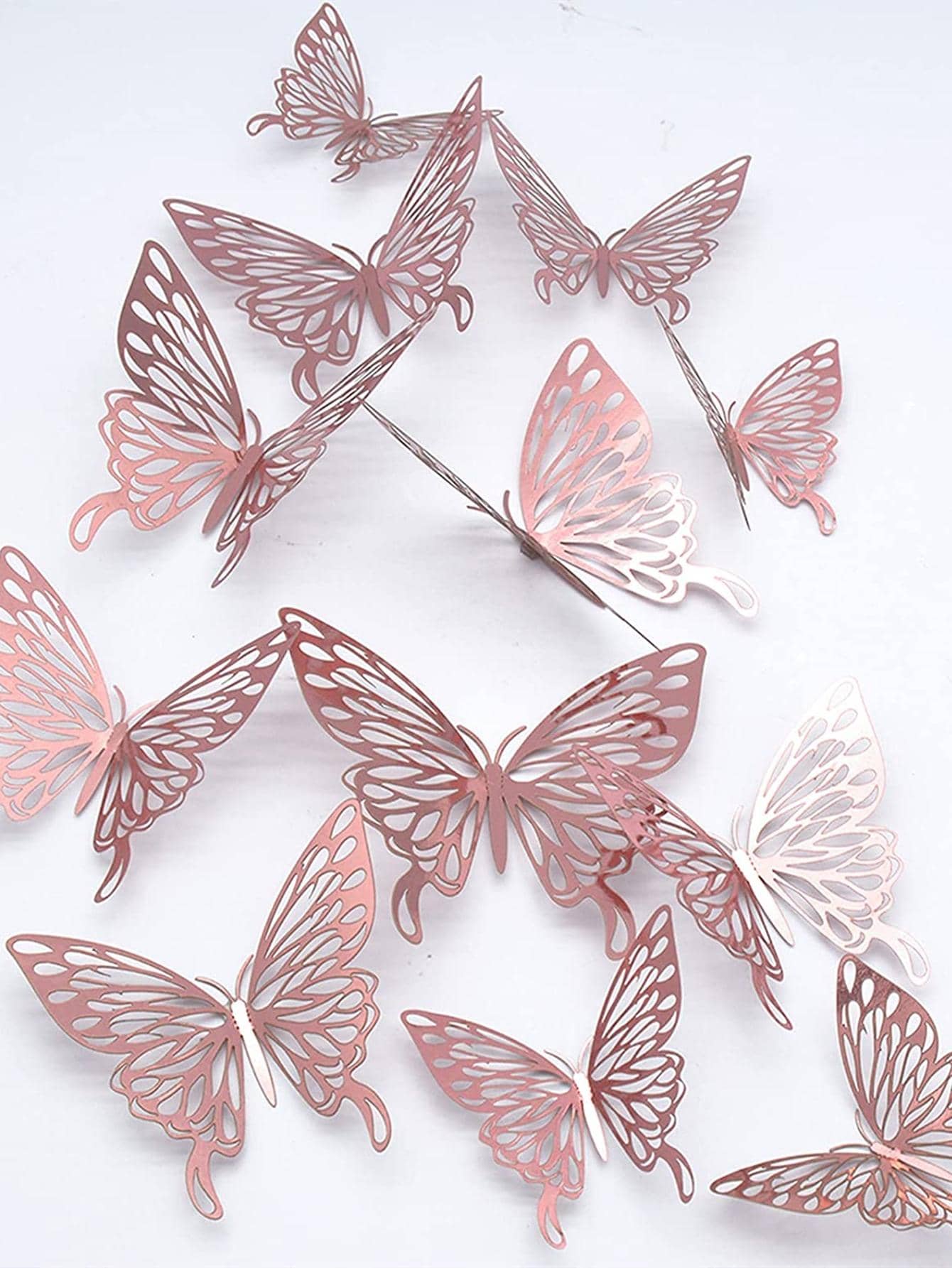 12 Cái/Bộ Vàng Bạc Rỗng Bướm Dán Tường 3D Bướm Phòng Ngủ Phòng Khách Trang Trí Nhà Applique Trang Trí Đám Cưới - Hoa hồng vàng - Xem 1