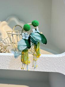 1 đôi hoa Boho & bông tai tua rua đính cườm cho phụ nữ cho kỳ nghỉ - màu xanh lá - Xem 4