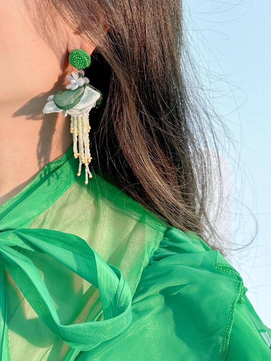 1 đôi hoa Boho & bông tai tua rua đính cườm cho phụ nữ cho kỳ nghỉ - màu xanh lá - Xem 1