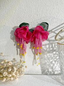 1對波西米亞花和串珠流蘇耳墜適合女士適用於度假 - 玫紅色 - 查看 5