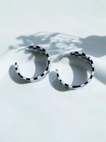 方格圖案開口耳環 - 黑與白 - 查看 1