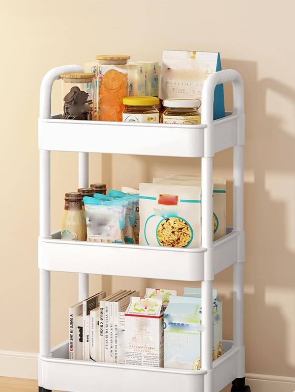 1pc 3 Layer Small Cart, White Plastic Floor Storage Basket With Pulleys