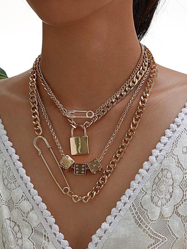 1pc Women's Exaggerated Striped Pendant Necklace With Lock, Dice And Layers, Everyday Wear
