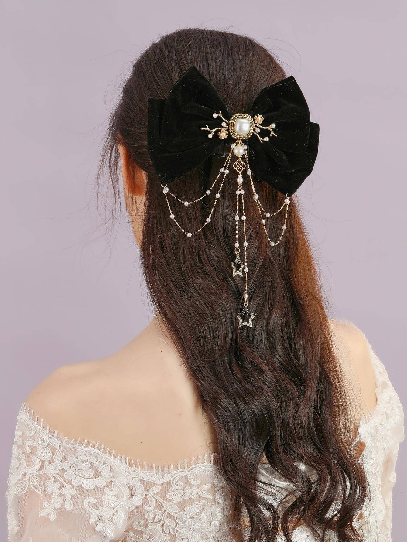 1入組女士蝴蝶結和人造珍珠裝飾時尚髮夾適合日常生活 - 黑色 - 查看 1