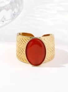 橢圓裝飾開口戒指 - 金黃色 - 查看 2