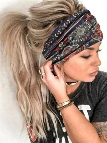 1 pieza Diadema bohemia para mujer con estampado geométrico, para uso en exteriores, gimnasio, accesorios para el cabello, diadema turbante
