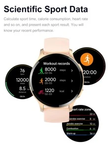 1 件男女玫瑰金不锈钢表带运动日历闹钟 24 小时心率监测睡眠跟踪圆形表盘智能手表，带 1 条硅胶表带，兼容 Android 和 - 玫瑰金 - 查看 5