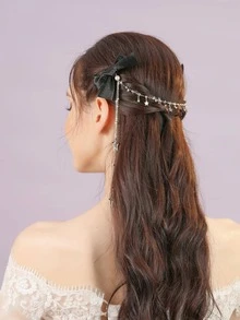 1入組女士星星和蝴蝶結裝飾時尚髮夾鏈適用於頭髮裝飾用品 - 黑色 - 查看 3