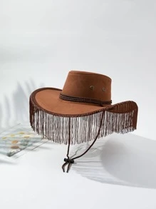 1入組女士流蘇邊抽繩可調節牛仔帽適用於戶外 - 棕色 - 查看 4