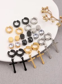 12對/套時尚方晶鋯石和十字架裝飾磁性耳夾適合男士日常裝飾適用於首飾類禮品 - 彩色 - 查看 3