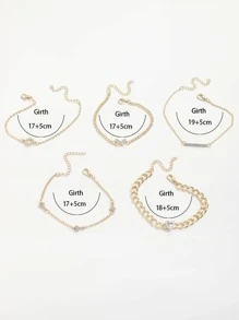 5入組/套時尚鋅合金水鑽心和蝴蝶裝飾手環適合女士適用於禮品 - 金黃色 - 查看 5