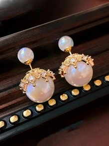 1pair Fashion Cubic Zirconia & Faux Pearl Decor Earring Jackets For Women For Gift - Multicolor - View 5