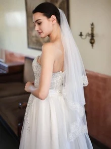 1 件女士蕾丝花边浪漫新娘面纱，适合婚礼秋季女士服装 - 白色 - 查看 3