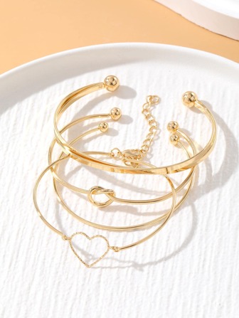 4pcs/set Fashionable Zinc Alloy Heart & Knot Decor Bangle For Women For Daily Decoration
