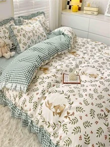 Berry & Leaf Pattern Duvet Cover Without Filler, Boho Leaf & Rabbit Print Bedding Duvet Cover For Bedroom - Multicolor - View 1