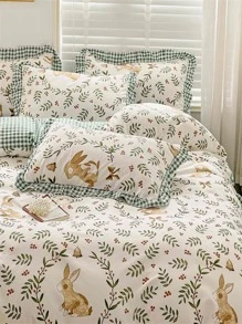Berry & Leaf Pattern Duvet Cover Without Filler, Boho Leaf & Rabbit Print Bedding Duvet Cover For Bedroom - Multicolor - View 4