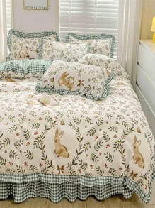 Berry & Leaf Pattern Duvet Cover Without Filler, Boho Leaf & Rabbit Print Bedding Duvet Cover For Bedroom - Multicolor - View 3