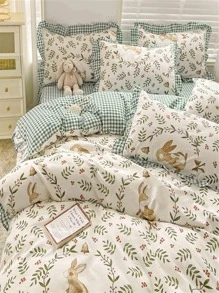 Berry & Leaf Pattern Duvet Cover Without Filler, Boho Leaf & Rabbit Print Bedding Duvet Cover For Bedroom - Multicolor - View 5