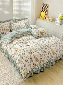 Berry & Leaf Pattern Duvet Cover Without Filler, Boho Leaf & Rabbit Print Bedding Duvet Cover For Bedroom - Multicolor - View 2