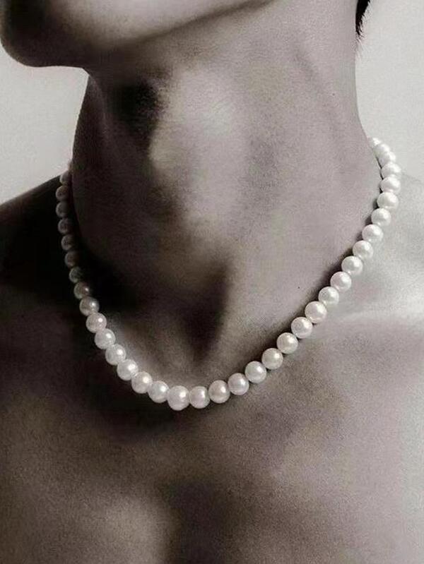 1pc White Pearl Beaded Necklace With Star Shaped Pendant, Gift For Men, Suitable For Daily Wear