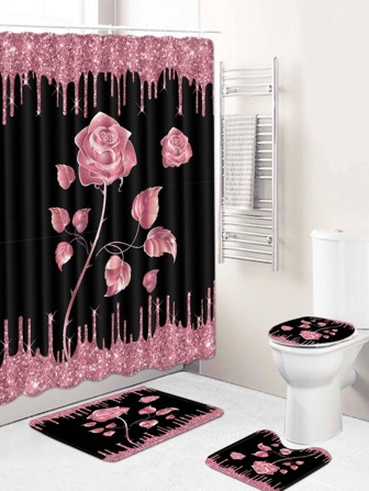 1 件花卉印花浴室地毯或 1 件浴帘或 1 件马桶盖垫浴室装饰