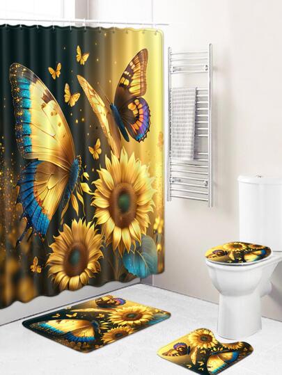 1 件蝴蝶印花浴帘或 1 件地垫或 1 件马桶垫，浴室装饰
