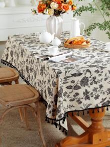 MineLain 1pc Vintage Black & White Floral Linen Tablecloth, Rectangular Table Cover With Black Tassel Fringe Decor, Suitable For Dining Room, Party, Dinner, Holiday, Picnic, Outdoor Decoration, Spring/Summer, All Season - Black - View 8