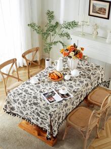 MineLain 1pc Vintage Black & White Floral Linen Tablecloth, Rectangular Table Cover With Black Tassel Fringe Decor, Suitable For Dining Room, Party, Dinner, Holiday, Picnic, Outdoor Decoration, Spring/Summer, All Season - Black - View 7
