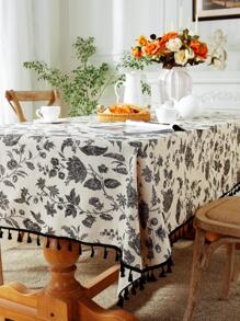 MineLain 1pc Vintage Black & White Floral Linen Tablecloth, Rectangular Table Cover With Black Tassel Fringe Decor, Suitable For Dining Room, Party, Dinner, Holiday, Picnic, Outdoor Decoration, Spring/Summer, All Season - Black - View 1