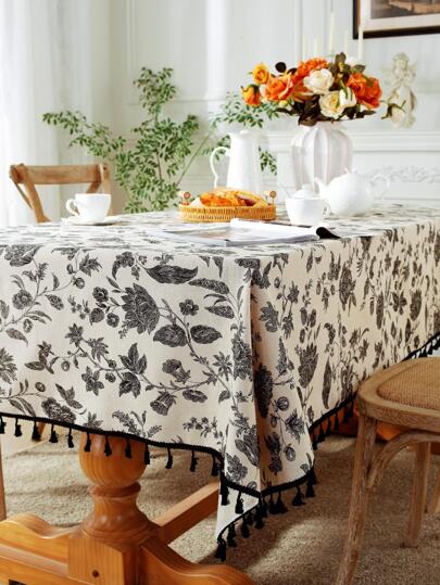 1枚 ヴィンテージ 黒白 フローラル リネンテーブルクロス、長方形テーブルカバー 黒タッセルフリンジ装飾、ダイニングルーム、パーティー、ディナー、休日、ピクニック、屋外装飾、春夏、通年使用に適しています