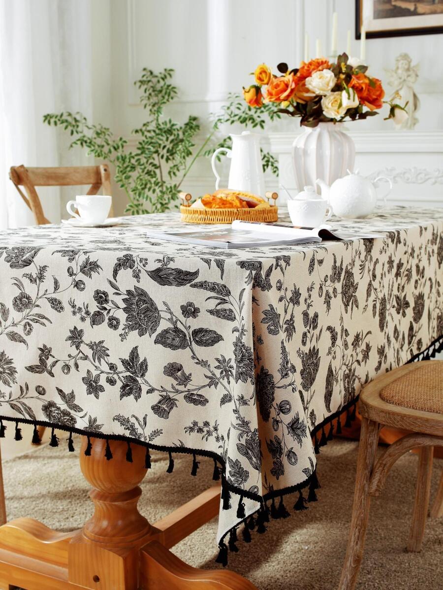 MineLain 1pc Vintage Black & White Floral Linen Tablecloth, Rectangular Table Cover With Black Tassel Fringe Decor, Suitable For Dining Room, Party, Dinner, Holiday, Picnic, Outdoor Decoration, Spring/Summer, All Season - Black - View 1