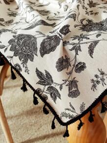 MineLain 1pc Vintage Black & White Floral Linen Tablecloth, Rectangular Table Cover With Black Tassel Fringe Decor, Suitable For Dining Room, Party, Dinner, Holiday, Picnic, Outdoor Decoration, Spring/Summer, All Season - Black - View 2