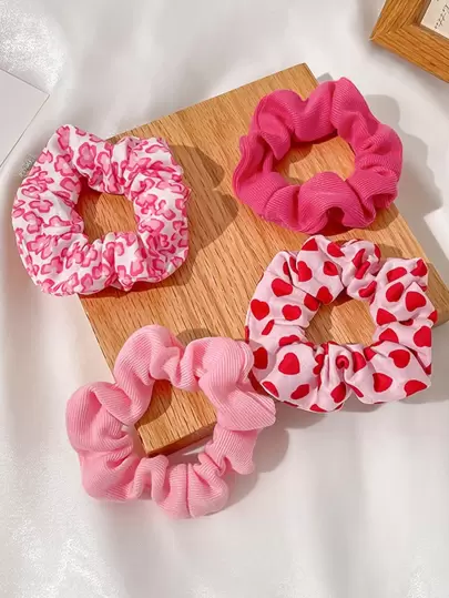 4pcs Y2K Style Girl's Pink Cute Valentine's Heart Knitted Hair Scrunchies, Stretchy Elastic Hair Ties Hair Accessories For Everyday, Casual, Party, Commuting, Holiday Valentines Scrunchy Hair Ties Ponytail Head Accessories