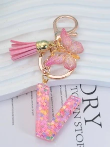 1pc Unisex Butterfly & Letter Charm Fashionable Keychain, For Decoration - Pink - View 2