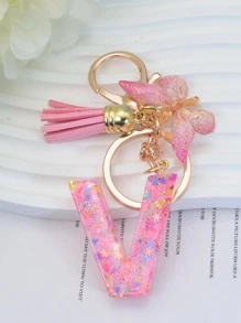 1pc Unisex Butterfly & Letter Charm Fashionable Keychain, For Decoration - Pink - View 3