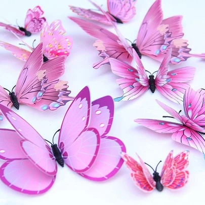 12/36pcs 3D Faux Butterfly Wall Stickers, Double-Layered Pink Creative Refrigerator Magnets Gifts Birthday Graduation School Decor School Surprise Dormitory Decor Back To School Home Decor Room Decor School Supplies