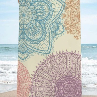 1 件曼陀罗图案沙滩巾，现代超细纤维浴巾，适合度假、露营、游泳、沐浴、夏季旅行礼物、度假海滩必需品