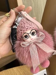 Women Fuzzy Doll Charm Cute Keychain, For Decoration - Coral Pink - View 2