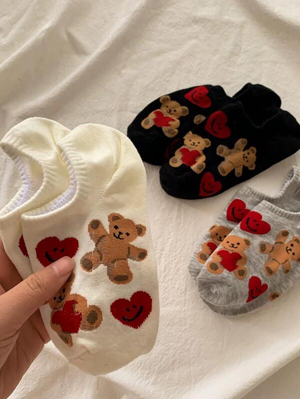 3pairs Bear & Heart Pattern Cute Invisible Socks, For Daily Life