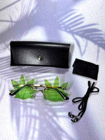 1pc Men's Fashionable Personality Lotus Green Maple Leaf Shaped Glasses (Including Eyeglasses Anti-Lost Strap) Party Shades Accessories Halloween Beach Accessories Glasses Shades For Summer Beach Vacation,Outdoor,Travel