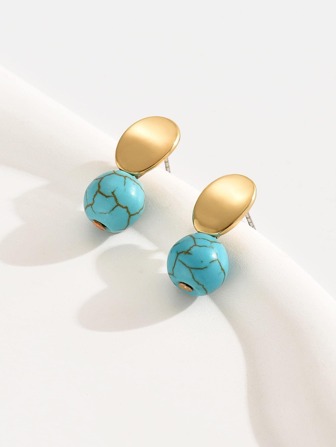 1 par de pendientes minimalistas de moda con turquesa redonda, adecuados para el atuendo diario de la mujer y como regalo