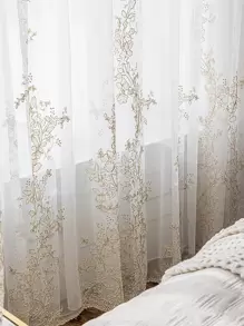 1pc White Flower Pattern Translucent Voile Curtain, Beautiful 3d Embroidery Sheer Curtain, Made Of Polyester Fiber Material, Rod Pocket Panel, Suitable For Living Room And Bedroom Decoration