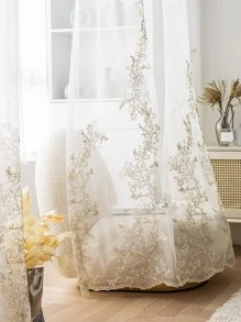 1pc White Flower Pattern Translucent Voile Curtain, Beautiful 3d Embroidery Sheer Curtain, Made Of Polyester Fiber Material, Rod Pocket Panel, Suitable For Living Room And Bedroom Decoration