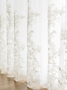 1pc White Flower Pattern Translucent Voile Curtain, Beautiful 3d Embroidery Sheer Curtain, Made Of Polyester Fiber Material, Rod Pocket Panel, Suitable For Living Room And Bedroom Decoration