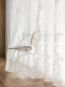 1pc White Flower Pattern Translucent Voile Curtain, Beautiful 3d Embroidery Sheer Curtain, Made Of Polyester Fiber Material, Rod Pocket Panel, Suitable For Living Room And Bedroom Decoration