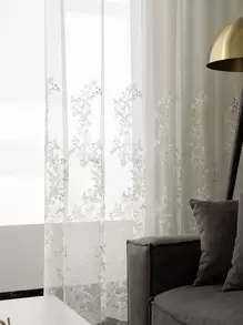 1pc White Flower Pattern Translucent Voile Curtain, Beautiful 3d Embroidery Sheer Curtain, Made Of Polyester Fiber Material, Rod Pocket Panel, Suitable For Living Room And Bedroom Decoration