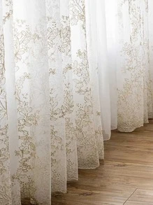1pc White Flower Pattern Translucent Voile Curtain, Beautiful 3d Embroidery Sheer Curtain, Made Of Polyester Fiber Material, Rod Pocket Panel, Suitable For Living Room And Bedroom Decoration