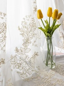 1pc White Flower Pattern Translucent Voile Curtain, Beautiful 3d Embroidery Sheer Curtain, Made Of Polyester Fiber Material, Rod Pocket Panel, Suitable For Living Room And Bedroom Decoration