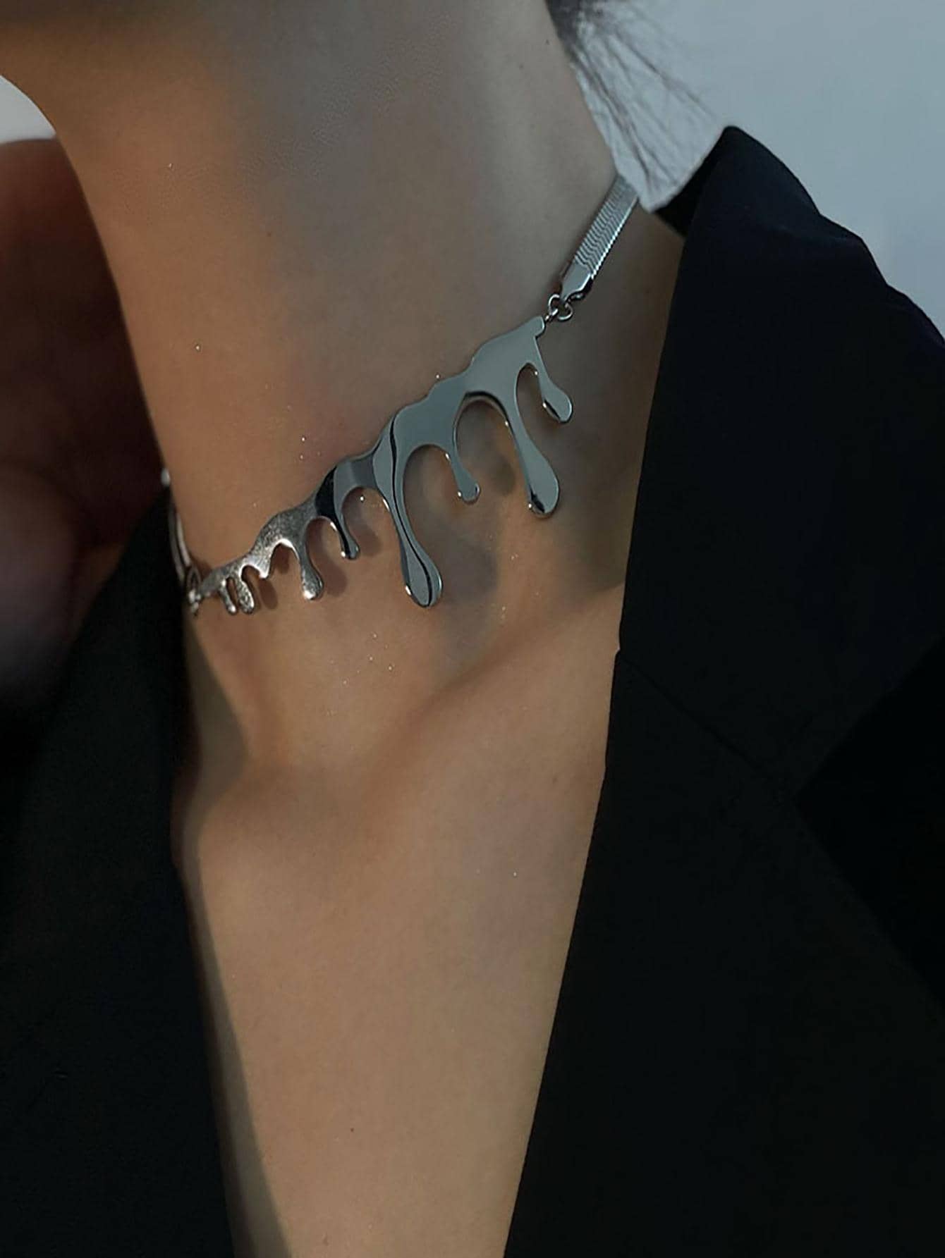 1入組時尚不銹鋼水滴裝飾頸鏈適合女士日常裝飾 - 銀色 - 查看 1