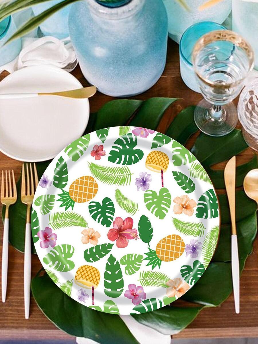 10 Piezas Platos Desechables Con Tema Veraniego Con Estampado De Piña Y Hoja Verde - Multicolor - Ver 1
